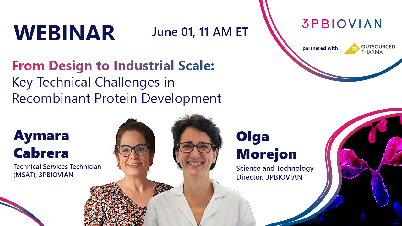 Webinar pop-up banner featuring 3PBIOVIAN experts presenting on key technical challenges in scaling recombinant protein development from design to industrial manufacturing, including event date and partner branding.